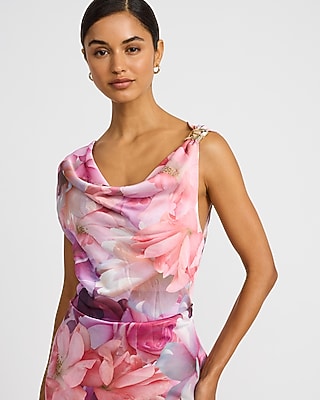 Floral Satin Cowl Neck Hardware High-Low Maxi Dress