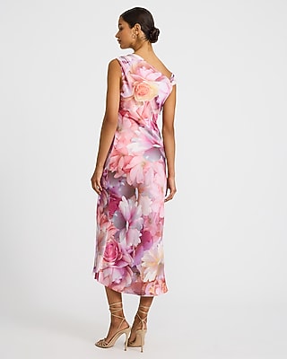 Floral Satin Cowl Neck Hardware High-Low Maxi Dress