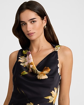 Floral Satin Cowl Neck Hardware Sleeveless Midi Dress