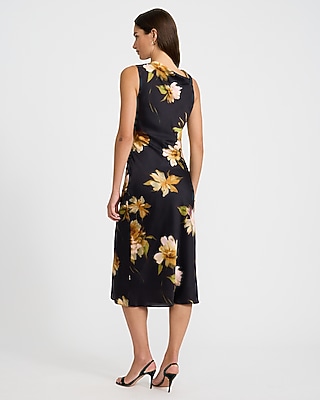 Floral Satin Cowl Neck Hardware Sleeveless Midi Dress