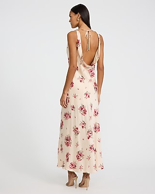 Floral Satin Cowl Neck Low Back Maxi Slip Dress