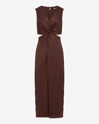 Satin V-Neck Twist Front Cutout Midi Sheath Dress