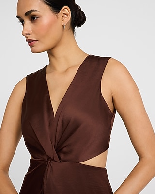 Satin V-Neck Twist Front Cutout Midi Sheath Dress