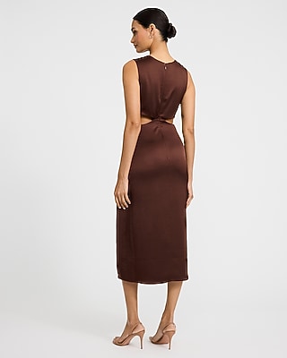 Satin V-Neck Twist Front Cutout Midi Sheath Dress