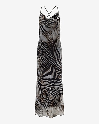 Printed Cowl Neck Scarf Open Back Maxi Dress