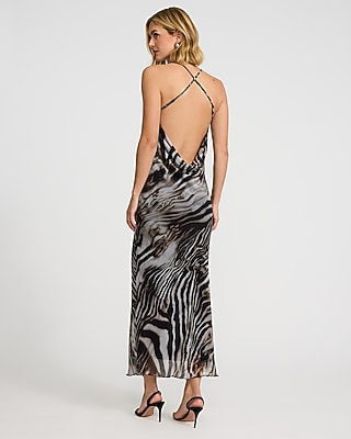Printed Cowl Neck Scarf Open Back Maxi Dress