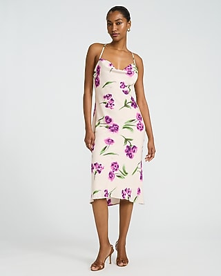 floral cowl neck high slit slip midi dress Satin Floral Cowl Neck Strappy Back Midi Slip Dress