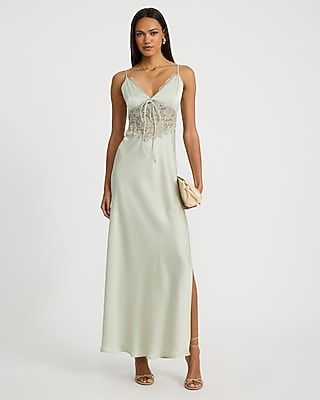 Satin V-Neck Lace Trim Bow Front Maxi Sheath Dress