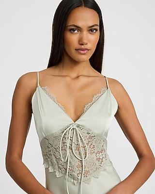 Satin V-Neck Lace Trim Bow Front Maxi Sheath Dress