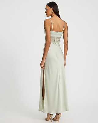 Satin V-Neck Lace Trim Bow Front Maxi Sheath Dress