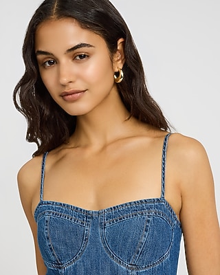 Denim Sweetheart Bustier Smocked Back Midi Fit and Flare Dress - image 2