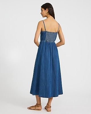 Denim Sweetheart Bustier Smocked Back Midi Fit and Flare Dress - image 3