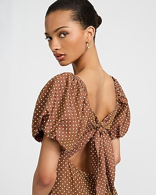 Polka Dot Square Neck Puff Sleeve Tie Back Midi Dress - image 2