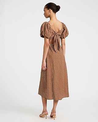 Polka Dot Square Neck Puff Sleeve Tie Back Midi Dress - image 3