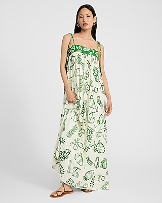 Linen-blend Printed Tie Shoulder Trapeze Maxi Dress