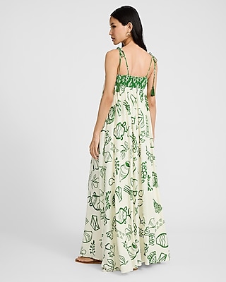 Linen-Blend Printed Tie Shoulder Trapeze Maxi Dress