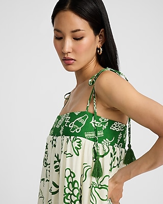 Linen-Blend Printed Tie Shoulder Trapeze Maxi Dress