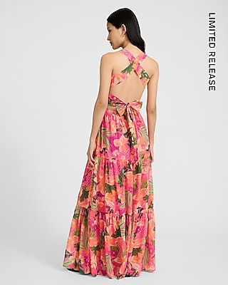 Printed Square Neck Smocked Tie Open Back Maxi Dress