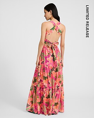 Printed Square Neck Smocked Tie Open Back Maxi Dress