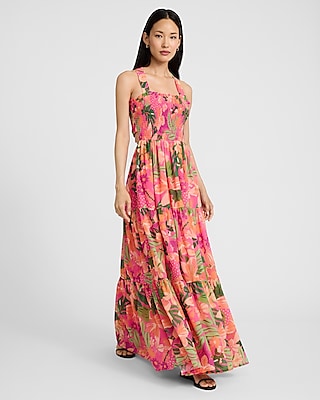 Printed Square Neck Smocked Tie Open Back Maxi Dress