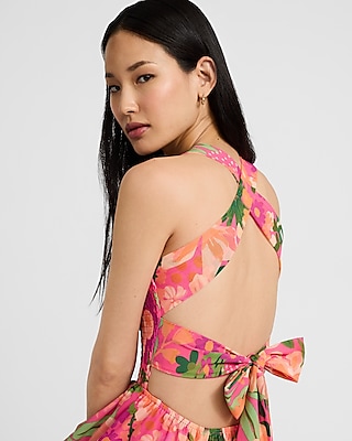 Printed Square Neck Smocked Tie Open Back Maxi Dress