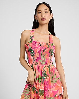Printed Square Neck Smocked Tie Open Back Maxi Dress