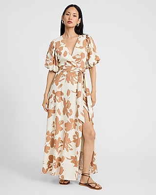 Printed V-neck Puff Sleeve Tie Waist Maxi Dress | Express
