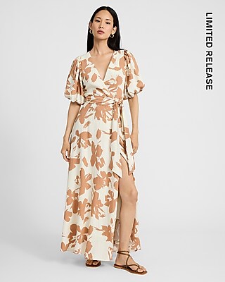 Printed V-Neck Puff Sleeve Tie Waist Maxi Dress