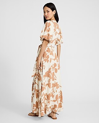 Printed V-Neck Puff Sleeve Tie Waist Maxi Dress