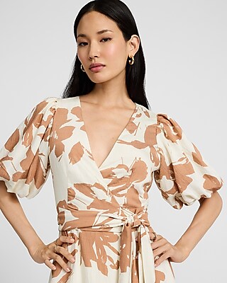 Printed V-Neck Puff Sleeve Tie Waist Maxi Dress