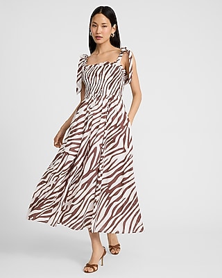 Zebra Print Square Neck Tie Shoulder Maxi Fit and Flare Dress