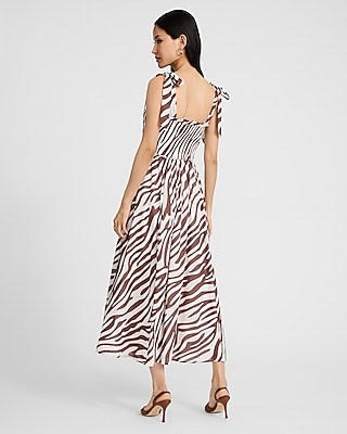 Zebra Print Square Neck Tie Shoulder Maxi Fit and Flare Dress