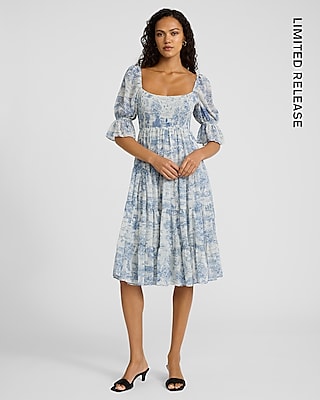 Printed Square Neck Puff Sleeve Midi Fit and Flare Dress