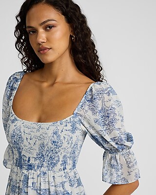 Printed Square Neck Puff Sleeve Midi Fit and Flare Dress