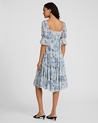 Printed Square Neck Puff Sleeve Midi Fit and Flare Dress