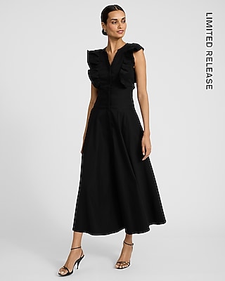 Poplin Sleeveless Ruffle Button Front Midi Dress