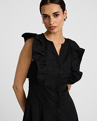 Poplin Sleeveless Ruffle Button Front Midi Dress