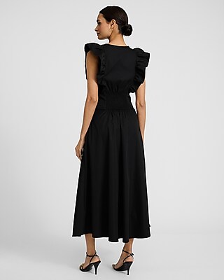 Poplin Sleeveless Ruffle Button Front Midi Dress