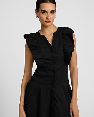 Poplin Sleeveless Ruffle Button Front Midi Dress