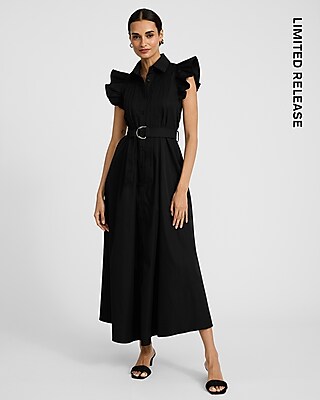 Poplin Collared Flutter Sleeve Button Front Belted Midi Shirt Dress
