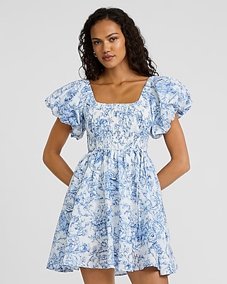 Printed Square Neck Puff Sleeve Mini Fit And Flare Dress