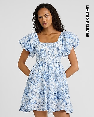 Printed Square Neck Puff Sleeve Mini Fit And Flare Dress