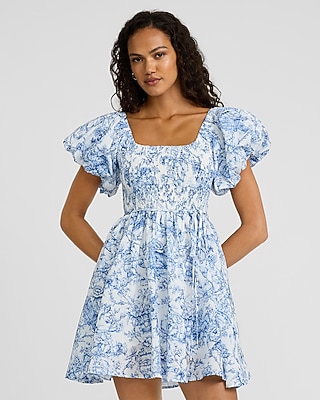 Printed Square Neck Puff Sleeve Mini Fit and Flare Dress