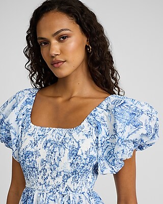 Printed Square Neck Puff Sleeve Mini Fit and Flare Dress