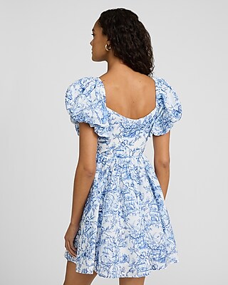 Printed Square Neck Puff Sleeve Mini Fit and Flare Dress