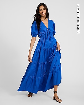 Poplin V-neck Puff Sleeve Tie Front Tiered Maxi Dress