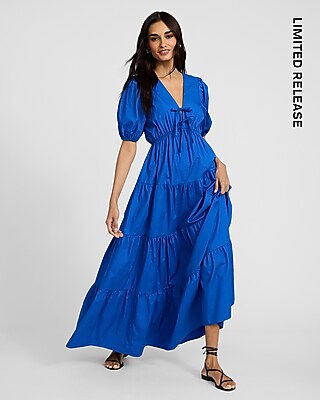 Poplin V-neck Puff Sleeve Tie Front Tiered Maxi Dress