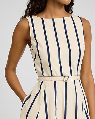 【新品未使用！】Pin-Stripe Belted Flared Dress M Black Stripe Knit Dress Short Sleeve Bodycon Midi | Ally Fashion