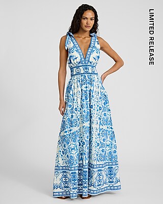 Printed V-neck Tie Shoulder Maxi Dress