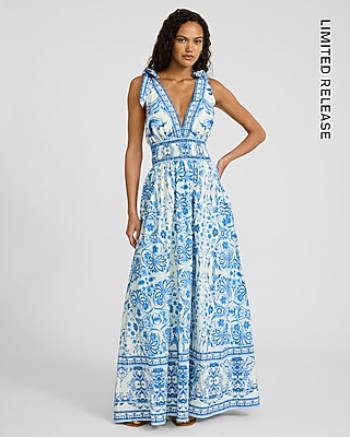 Printed V-Neck Tie Shoulder Maxi Dress